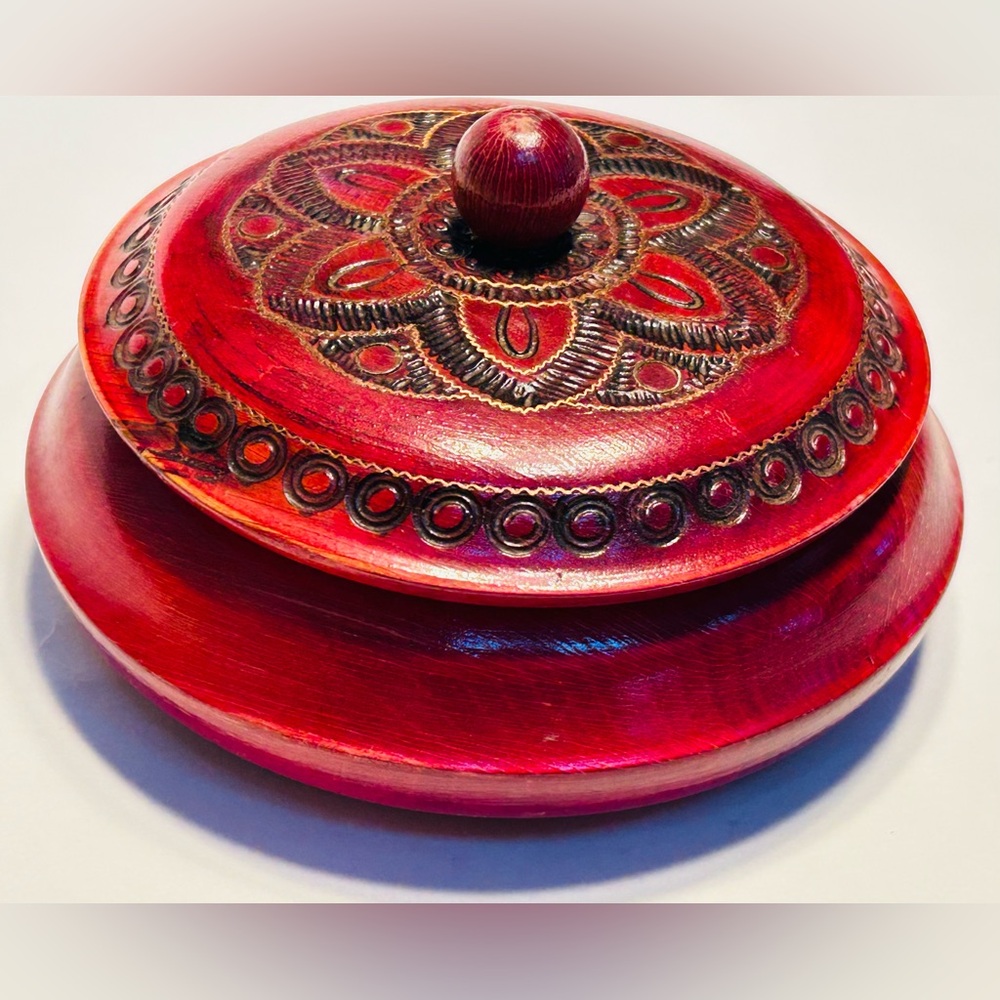 Wood Jewelry Trinket Box Hand Carved Varnished Metal Inlay European Vintage